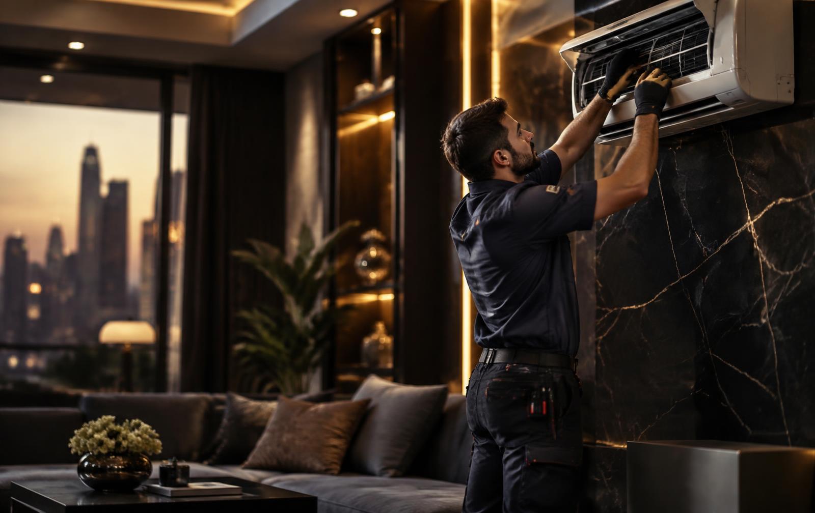 Mazaya Fix technician servicing an air conditioning unit in a modern home